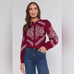 Avara Sabrina Embroidered Burgundy Blouse S XS Puff Shoulders Button Up Shirt